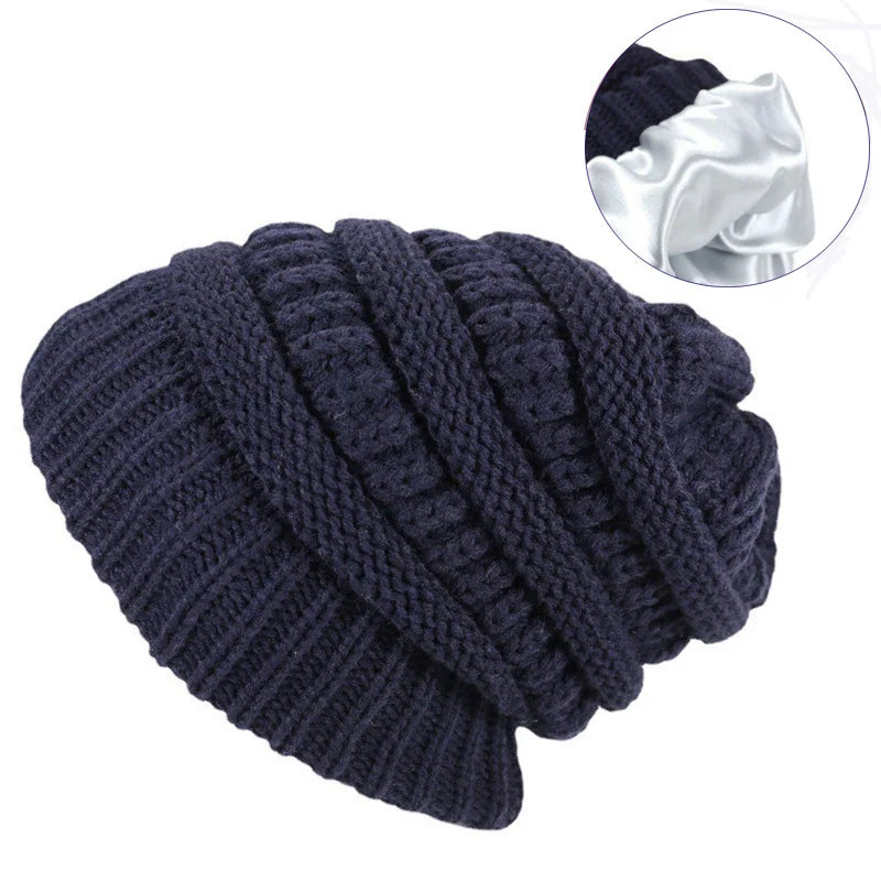 Satin Lined Beanie Hats For Women Men Autumn Winter Warm Casual Knitted Baggy Hat Silk Woman Bonnet Cap Unisex Skullies Beanies