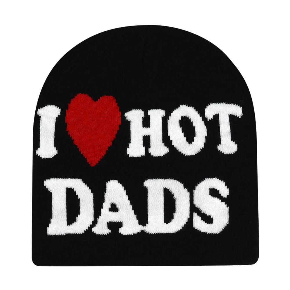 Black beanie with 'I ❤️ HOT DADS' text on a white background