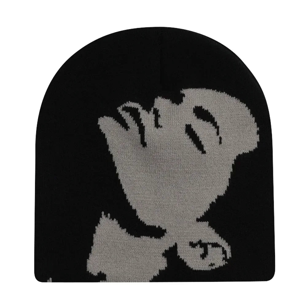 Black beanie with a white graphic design on a white background