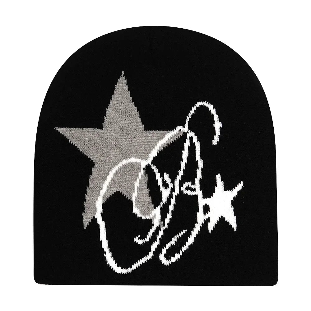 Black beanie with white star and logo design on a white background