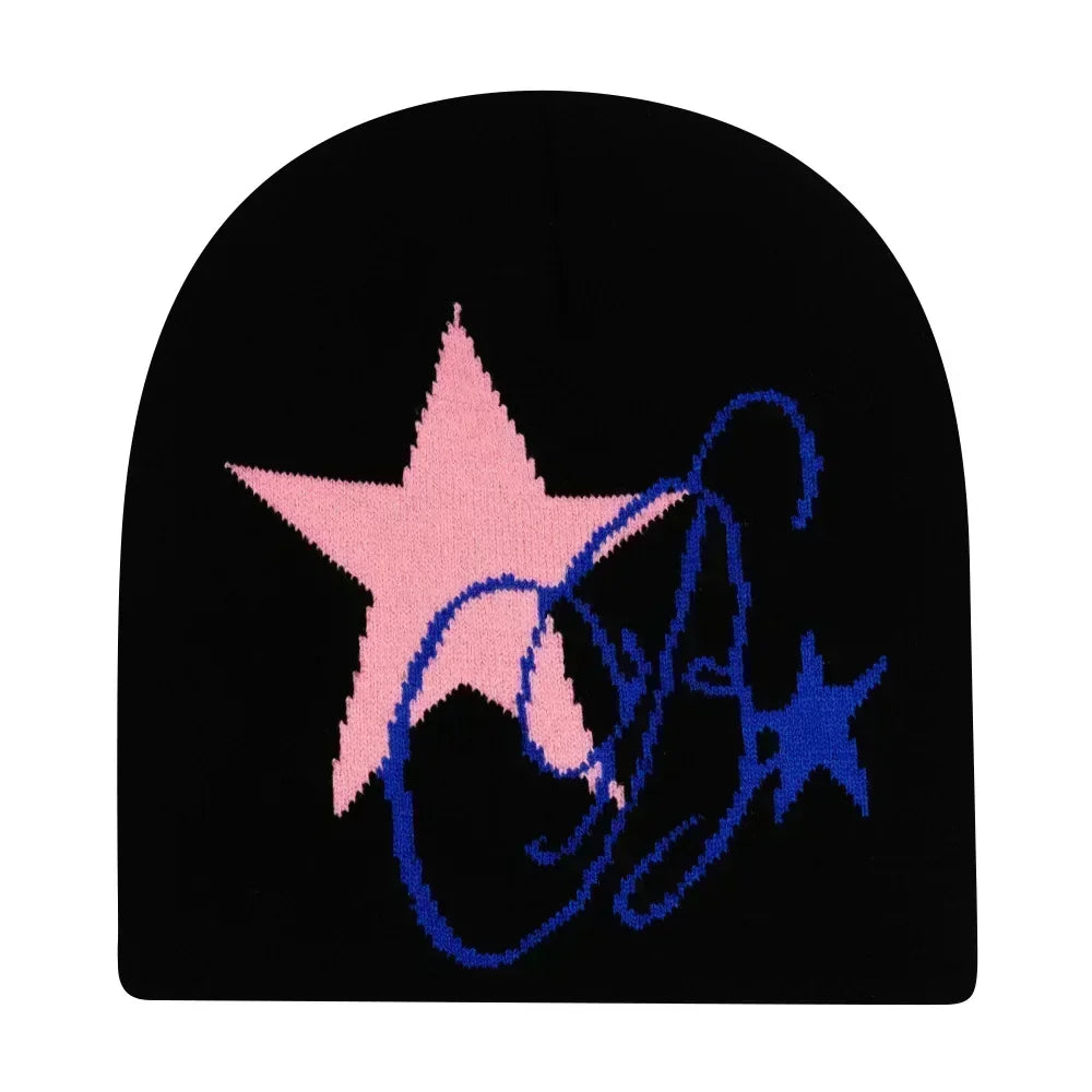 Black beanie with pink star and blue text on a white background