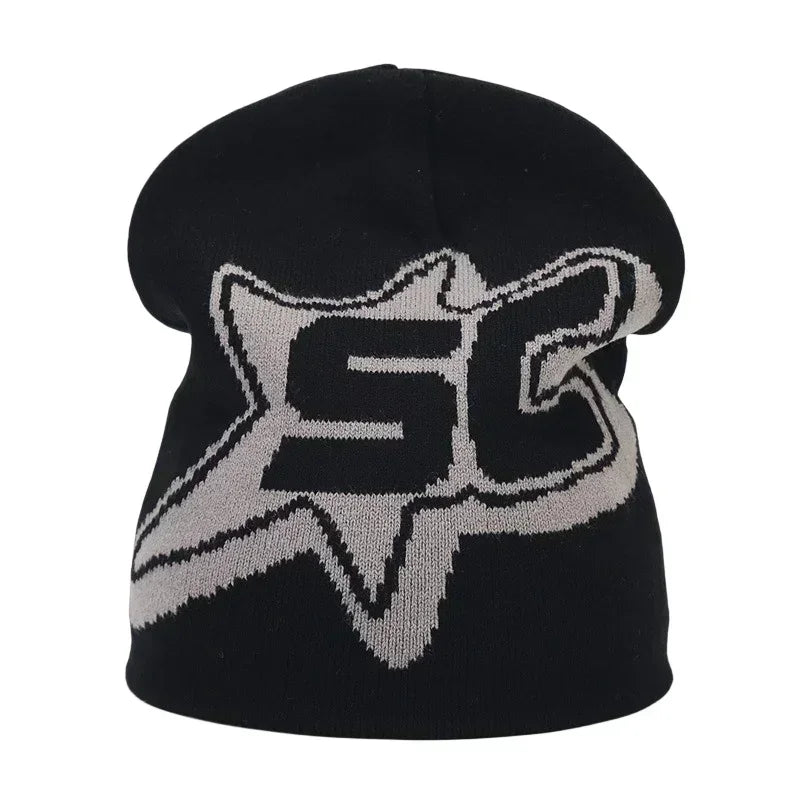 Black beanie with a logo on a white background