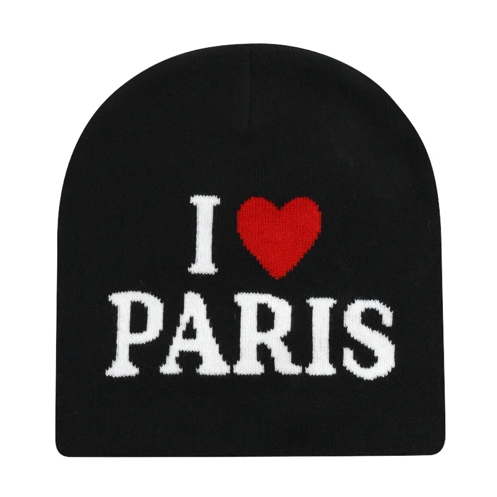 Black beanie with 'I ❤️ PARIS' text on a white background