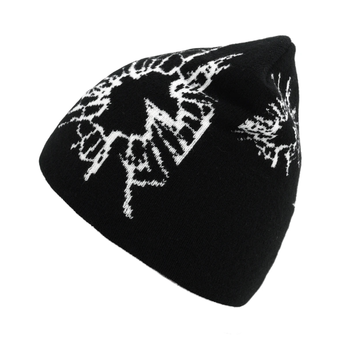 Black beanie with white floral patterns on a white background
