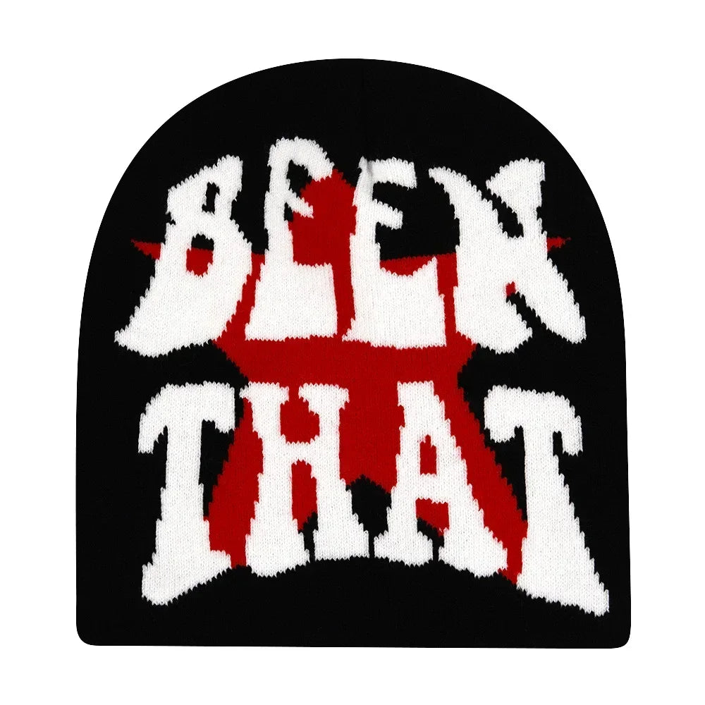 Black beanie with ' BEEN THAT ' text in white and red on a white background