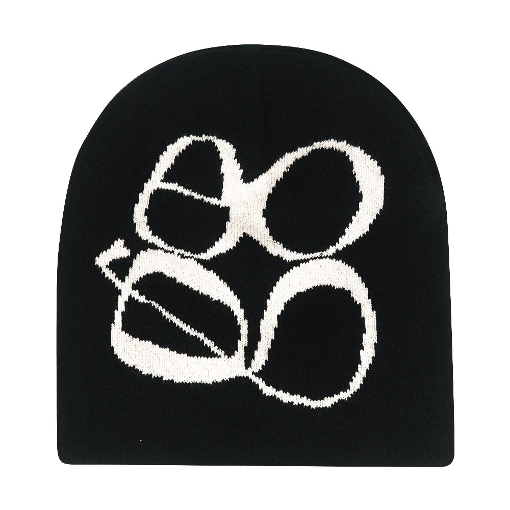 Black beanie with white sunglasses design on a white background
