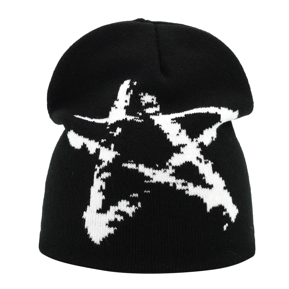 Black beanie with a white star pattern on a white background