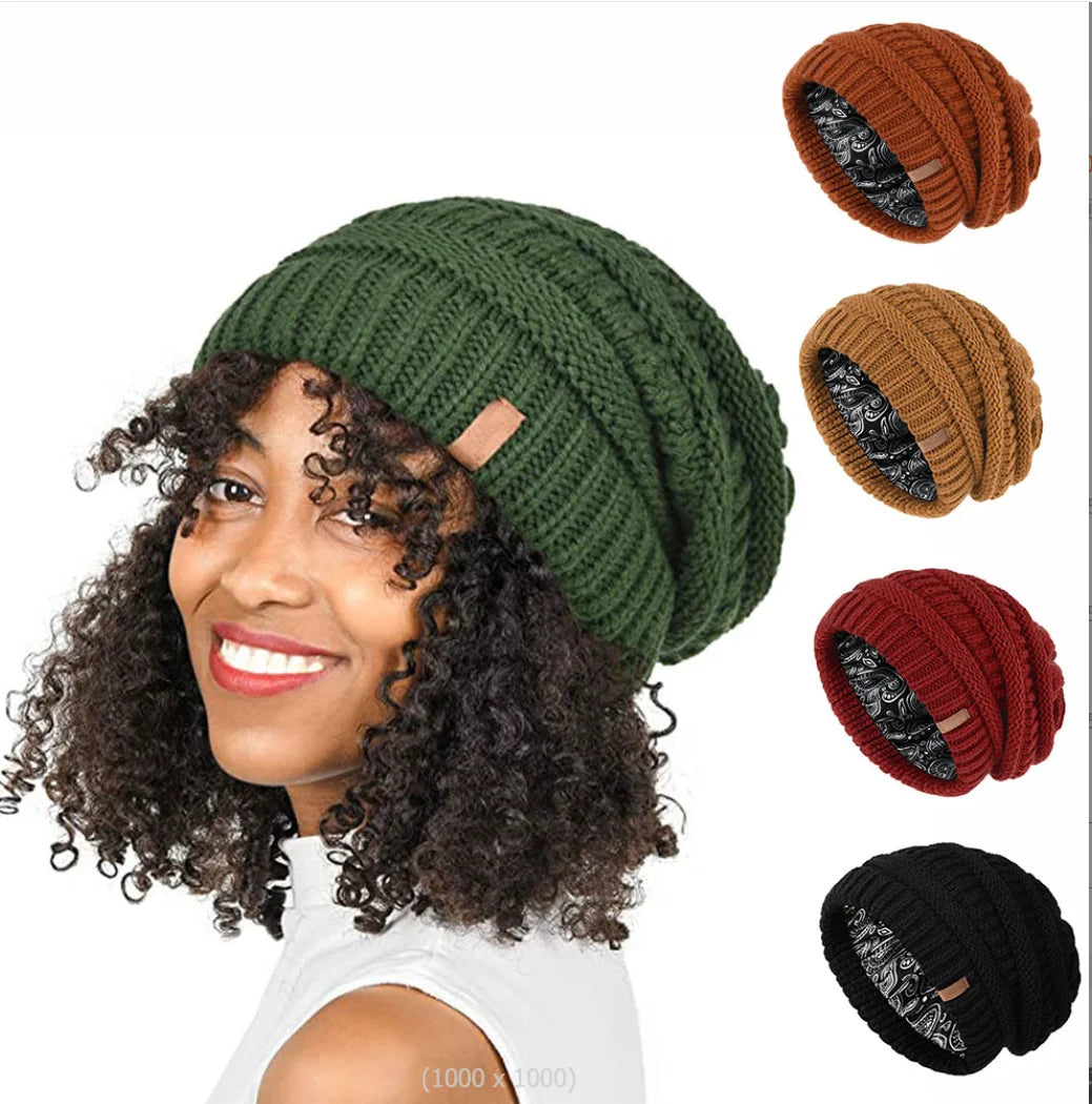 Satin Lined Beanie Hats For Women Men Autumn Winter Warm Casual Knitted Baggy Hat Silk Woman Bonnet Cap Unisex Skullies Beanies