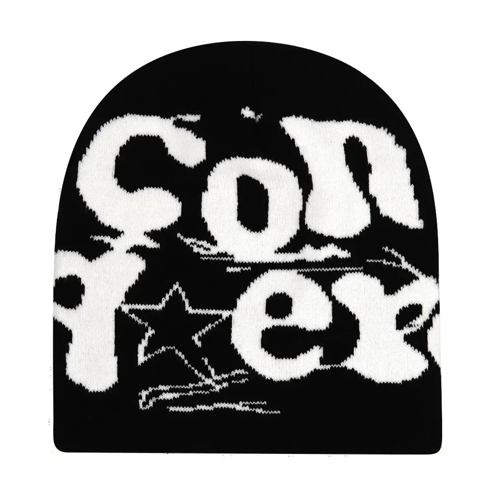 Black beanie with white text and star design on a white background