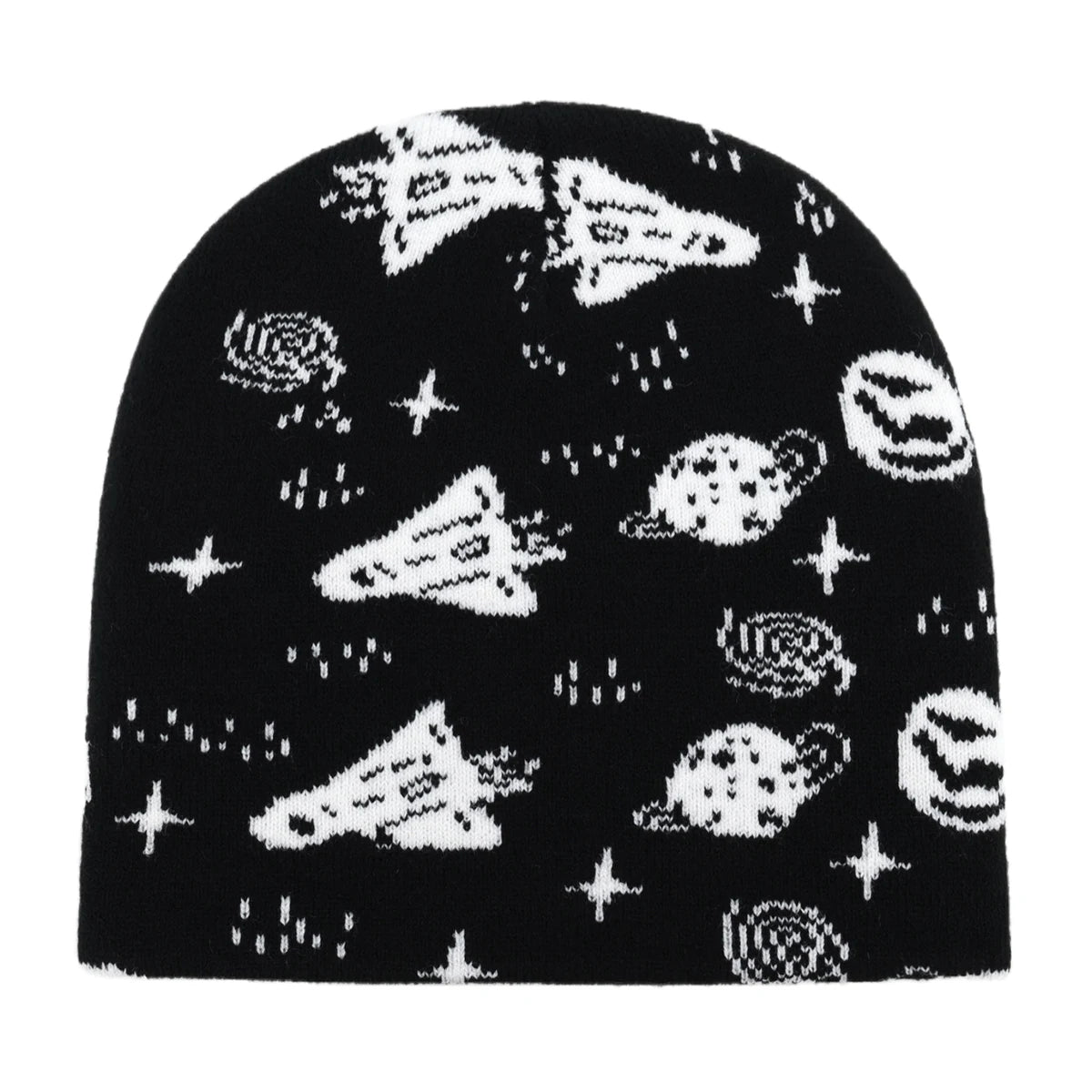Black beanie with white space-themed patterns on a white background