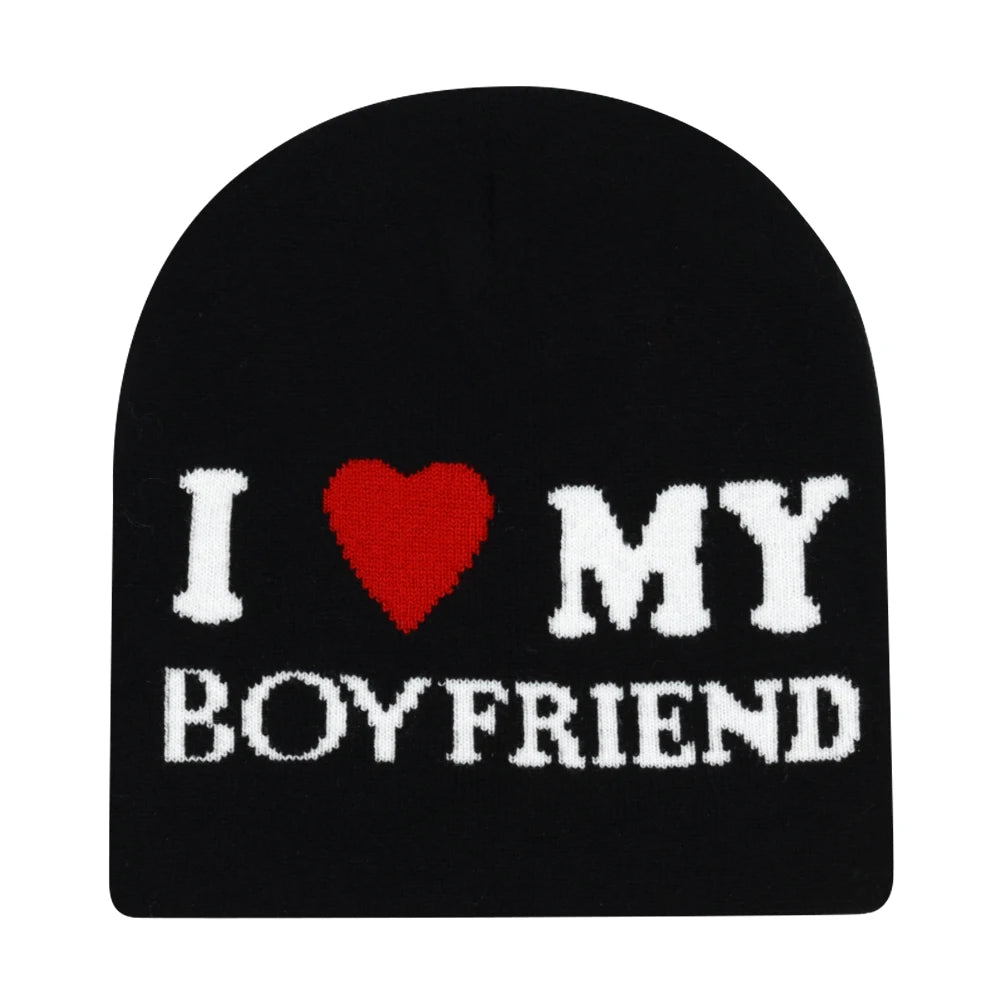 Black beanie with 'I ❤️ MY BOYFRIEND' text on a white background