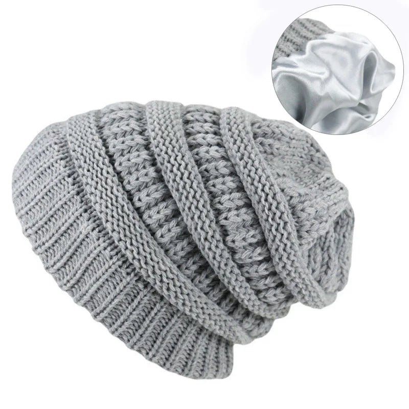 Satin Lined Beanie Hats For Women Men Autumn Winter Warm Casual Knitted Baggy Hat Silk Woman Bonnet Cap Unisex Skullies Beanies