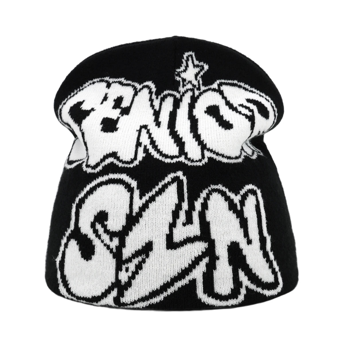 Black beanie with white text and star design on a white background