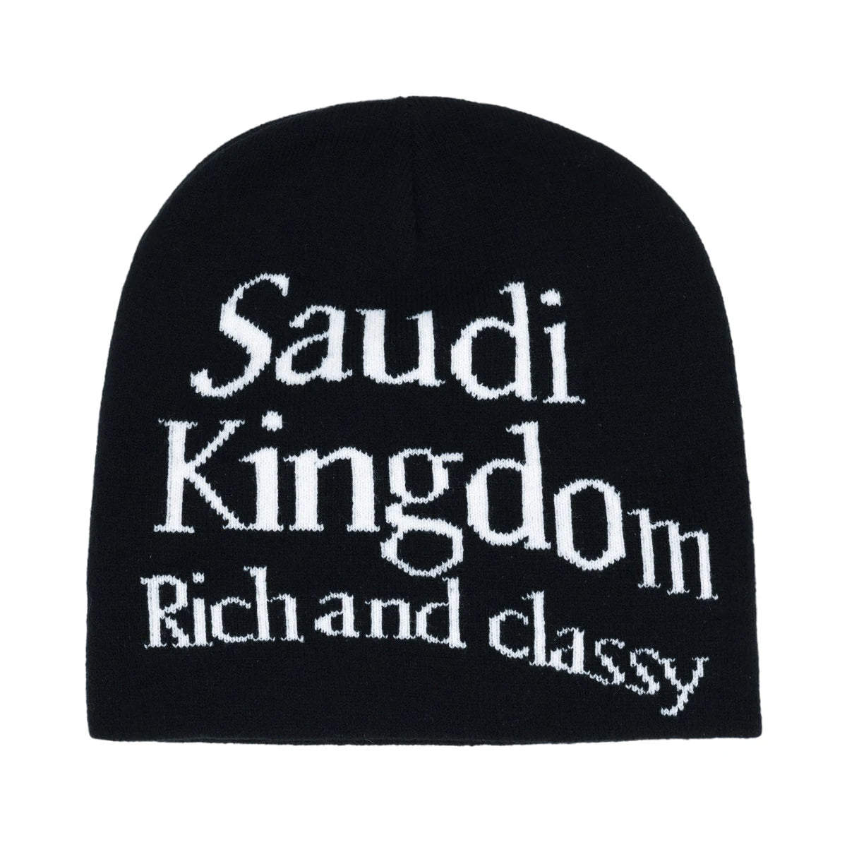 Black beanie with white text 'Saudi Kingdom Rich and classy' on a white background