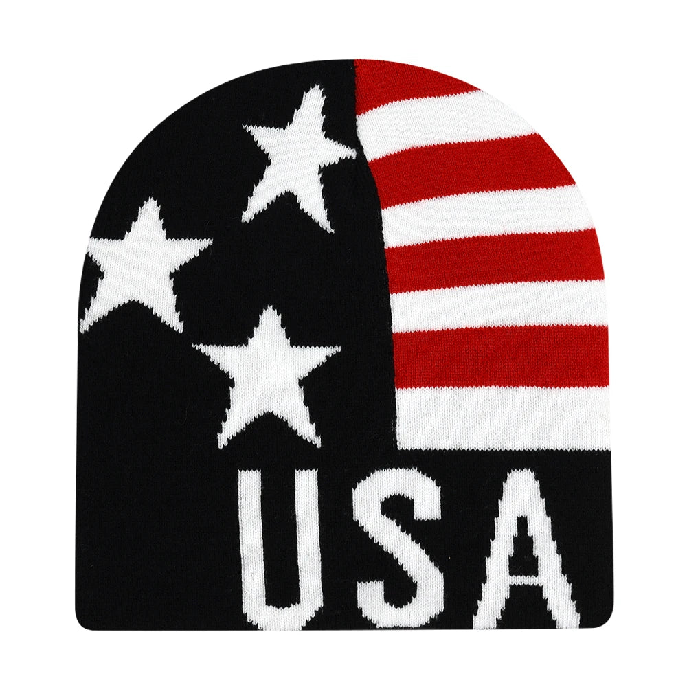 Beanie with American flag design and 'USA' text on a white background