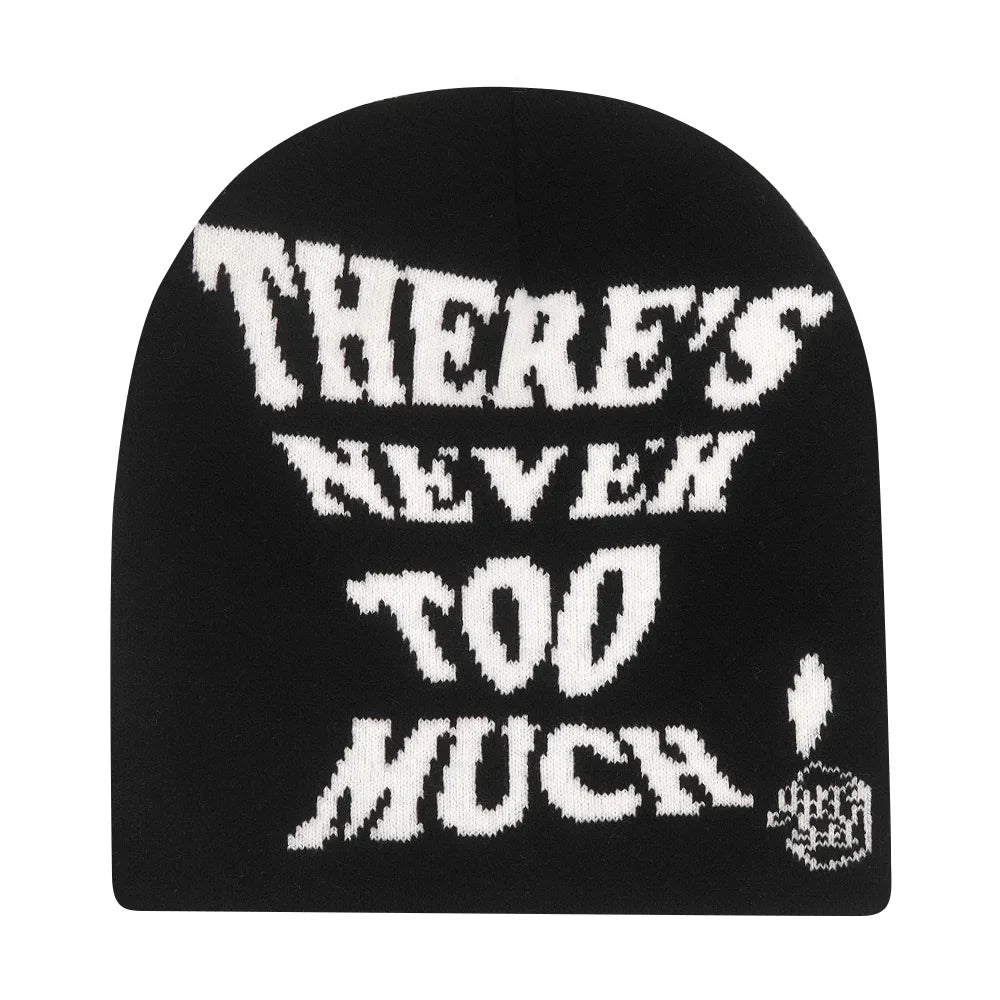 Black beanie with white text and logo on a white background