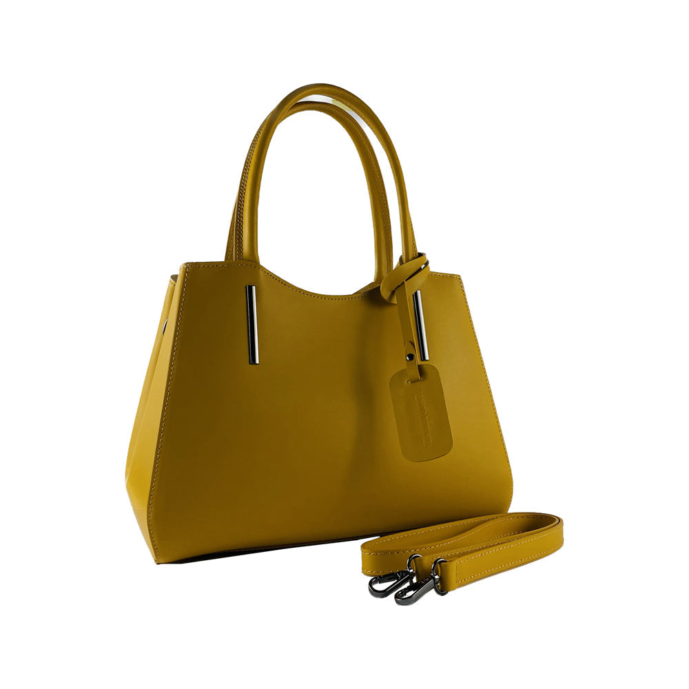 RB1004R | Genuine Leather Hand Bag Made in Italy with Removable Shoulder Strap and Gunmetal Metal Carabiner Attachments - Mustard Color - Size: 33 x 25 x 15 cm + Handles 13 cm
