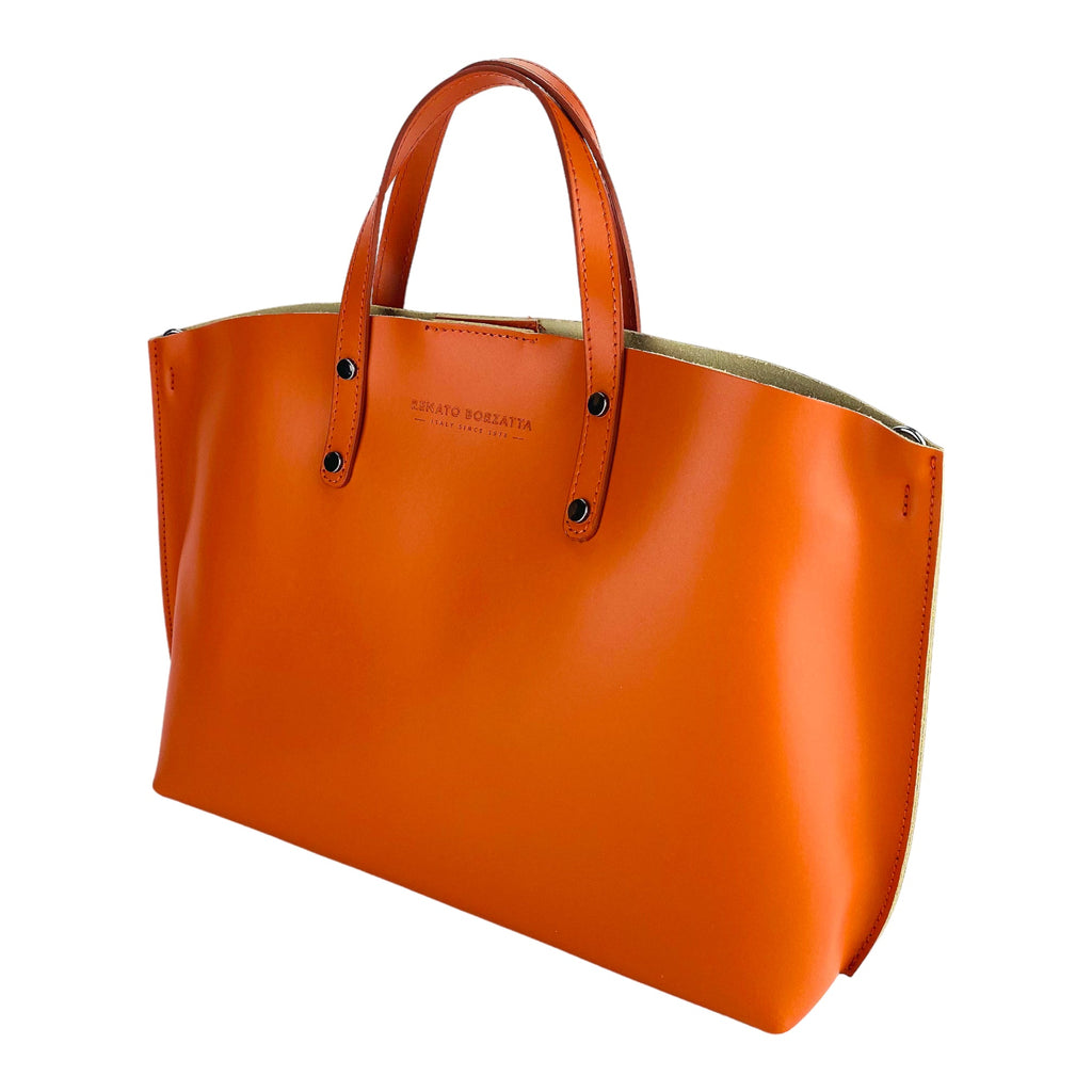 RB1024AM | Women's Made in Italy Genuine Leather Hand Bag with removable shoulder strap. Large removable internal bag. Polished Gunmetal Accessories - Paprika color - Dimensions: cm 48x31x11