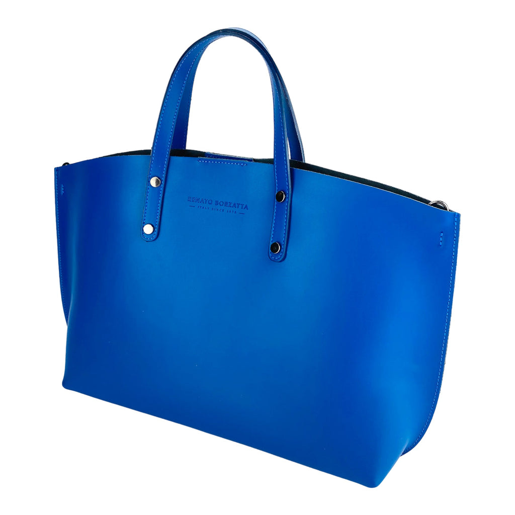 RB1024CH | Women's Hand Bag in Genuine Leather Made in Italy with removable shoulder strap. Large removable internal bag. Shiny Gunmetal Accessories - Royal Blue color - Dimensions: cm 48x31x11