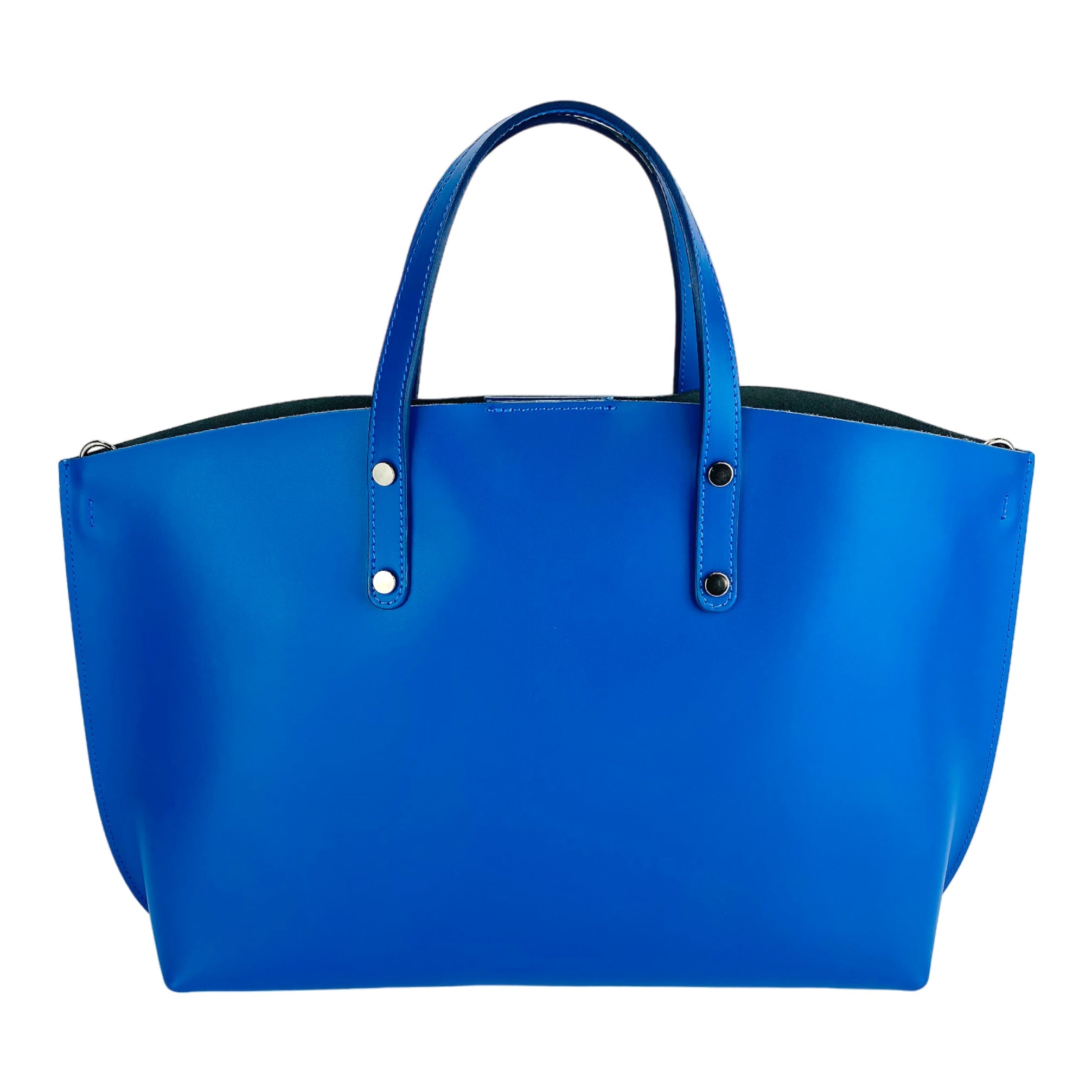 RB1024CH | Women's Hand Bag in Genuine Leather Made in Italy with removable shoulder strap. Large removable internal bag. Shiny Gunmetal Accessories - Royal Blue color - Dimensions: cm 48x31x11