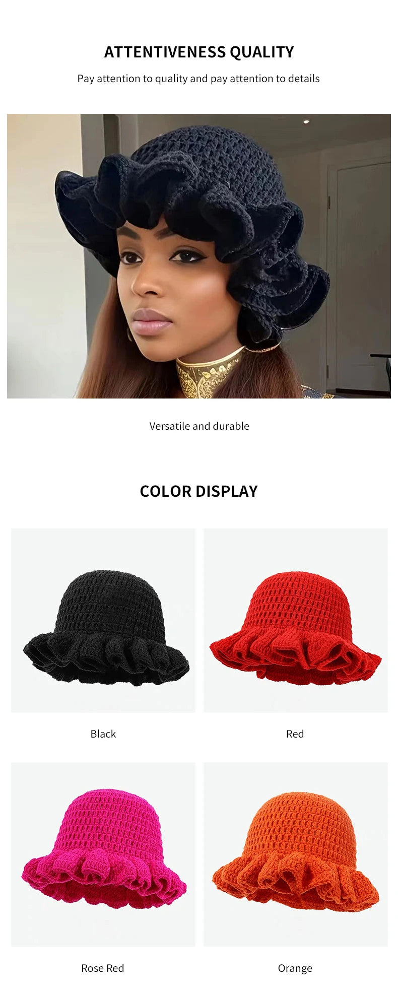 Colorful Crochet Ruffle Bucket Hat - Women's Warm Stretch Knit Beanie