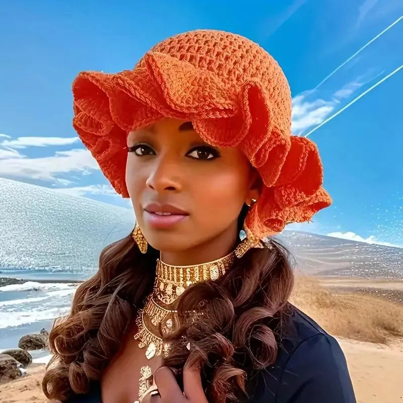 Colorful Crochet Ruffle Bucket Hat - Women's Warm Stretch Knit Beanie