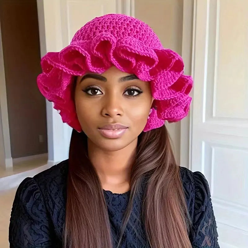 Colorful Crochet Ruffle Bucket Hat - Women's Warm Stretch Knit Beanie
