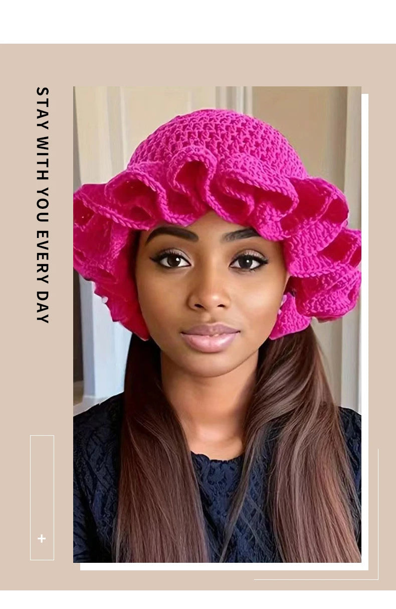 Colorful Crochet Ruffle Bucket Hat - Women's Warm Stretch Knit Beanie