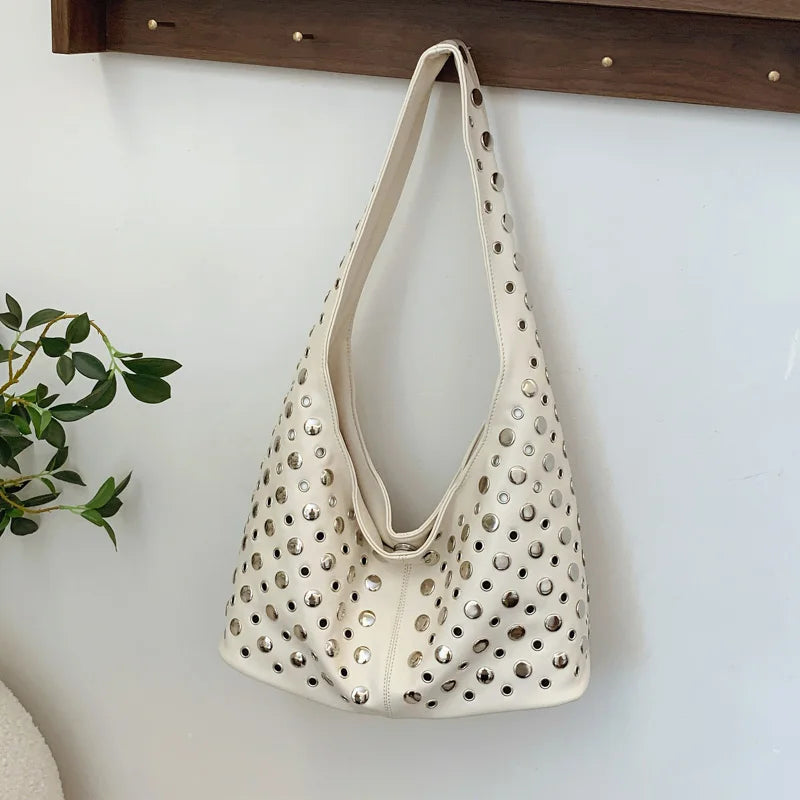 New high-end Leather Rivet Bucket Bag Fashion Personality Trendy Cool Polka Dot Rivet Casual Luxury Brand Underarm Bag Handbag
