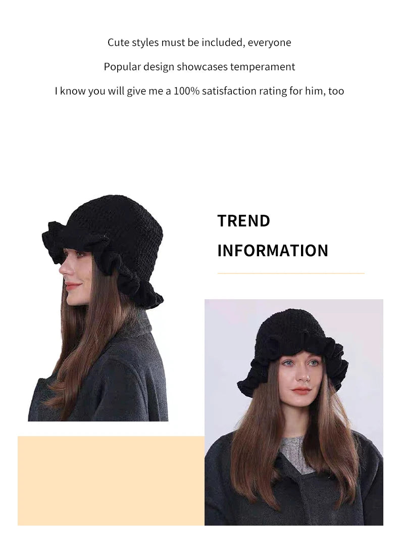 Colorful Crochet Ruffle Bucket Hat - Women's Warm Stretch Knit Beanie