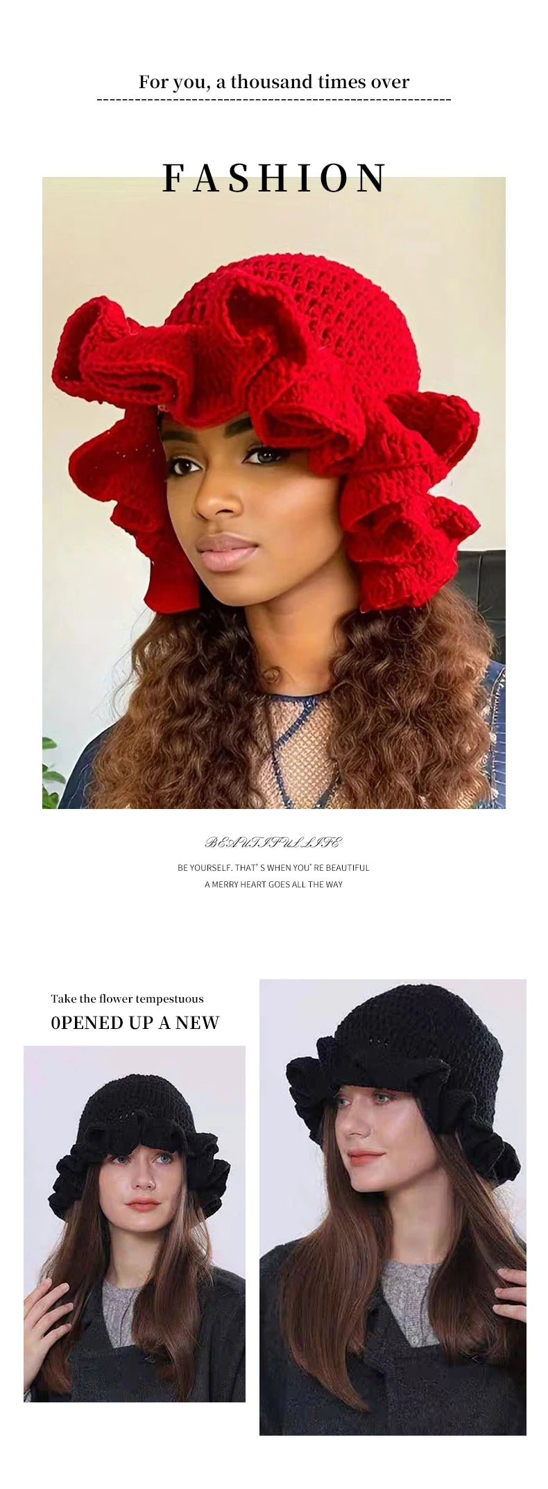 Colorful Crochet Ruffle Bucket Hat - Women's Warm Stretch Knit Beanie