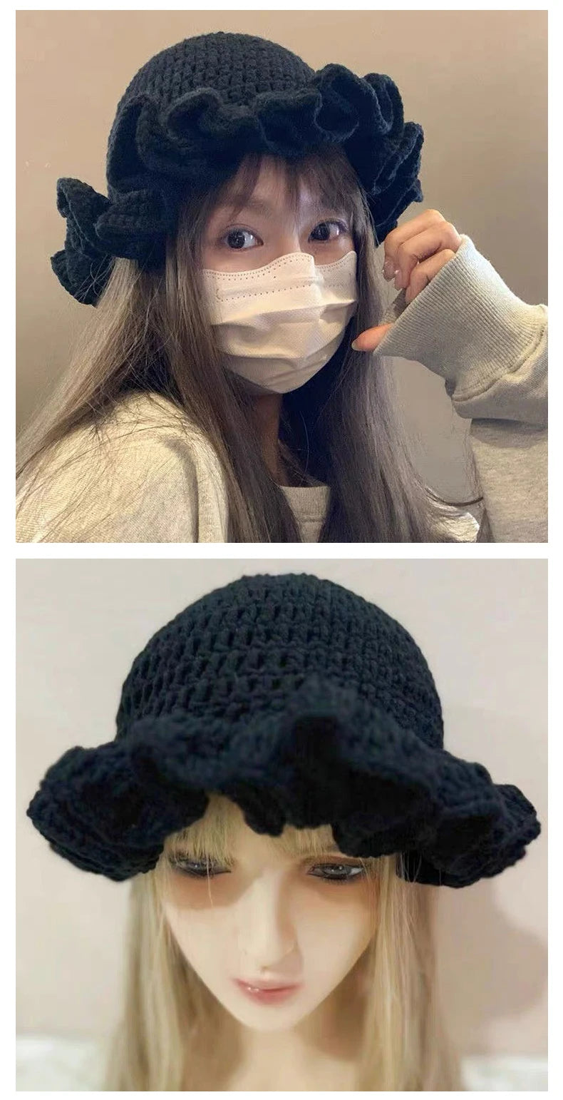 Colorful Crochet Ruffle Bucket Hat - Women's Warm Stretch Knit Beanie
