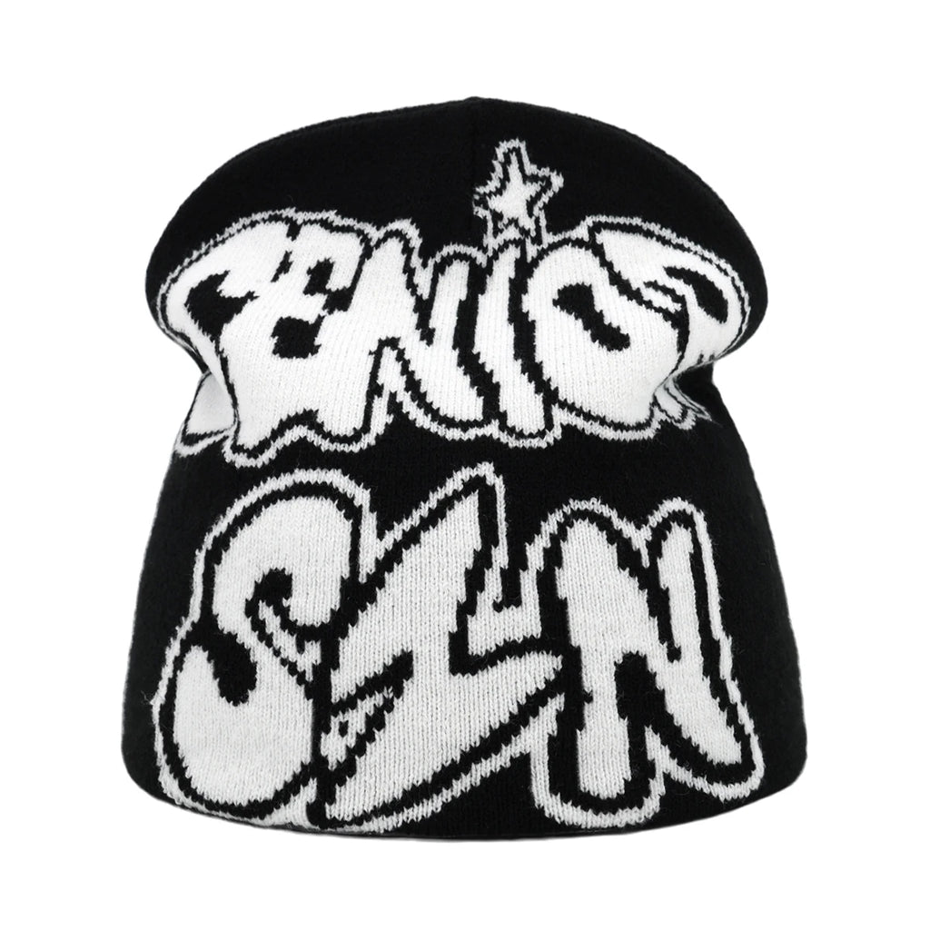 Black beanie with white text and star design on a white background