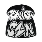 Black beanie with white text and star design on a white background