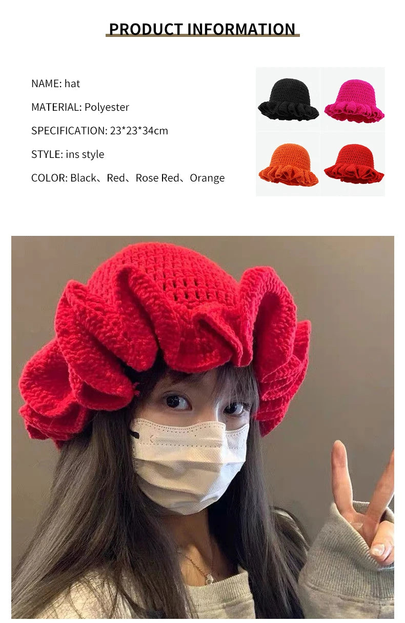 Colorful Crochet Ruffle Bucket Hat - Women's Warm Stretch Knit Beanie
