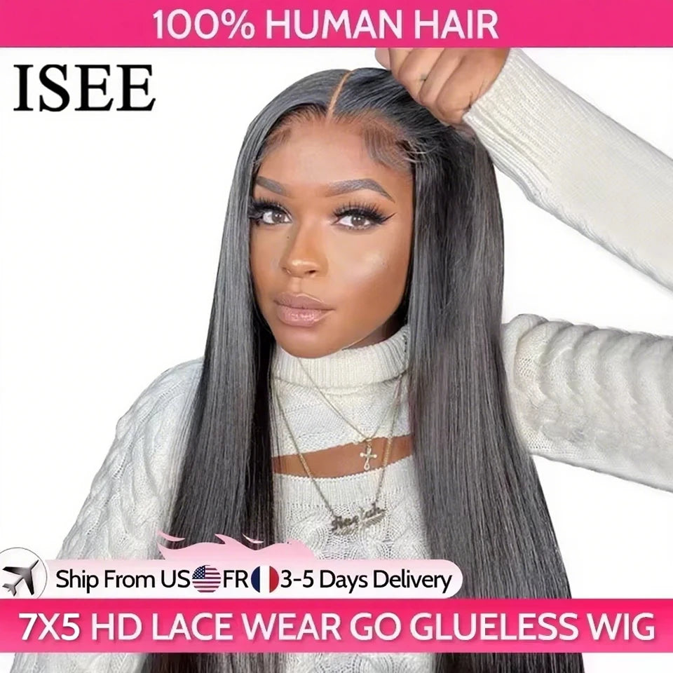 ISEE Hair Glueless Wigs Human Hair Ready To Wear Straight Glueless Preplucked Wear And Go Wigs 7x5HD Lace Front Wigs PreCut Lace