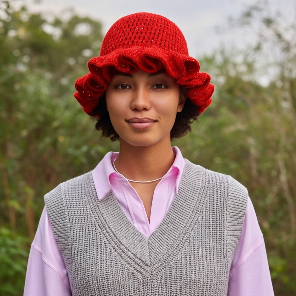 Colorful Crochet Ruffle Bucket Hat - Women's Warm Stretch Knit Beanie